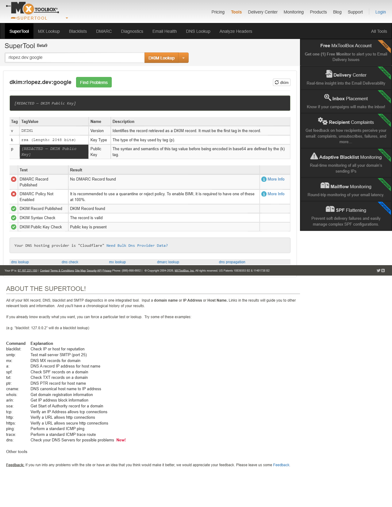 MXToolbox DKIM lookup showing valid result for rlopez.dev